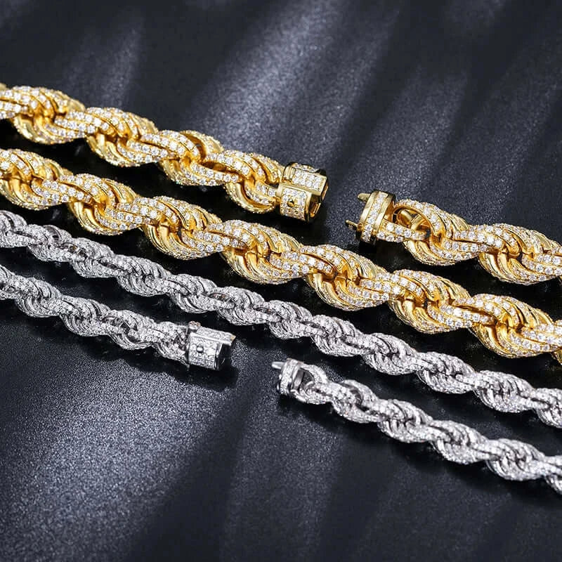 Iced Out Twisted Rope Bracelet - VVS1 Moissanite x 925 Sterling Silver (24K Gold Plating), bracelet,Diamonds,Moissanite,Plated, Moissanite Jewelry